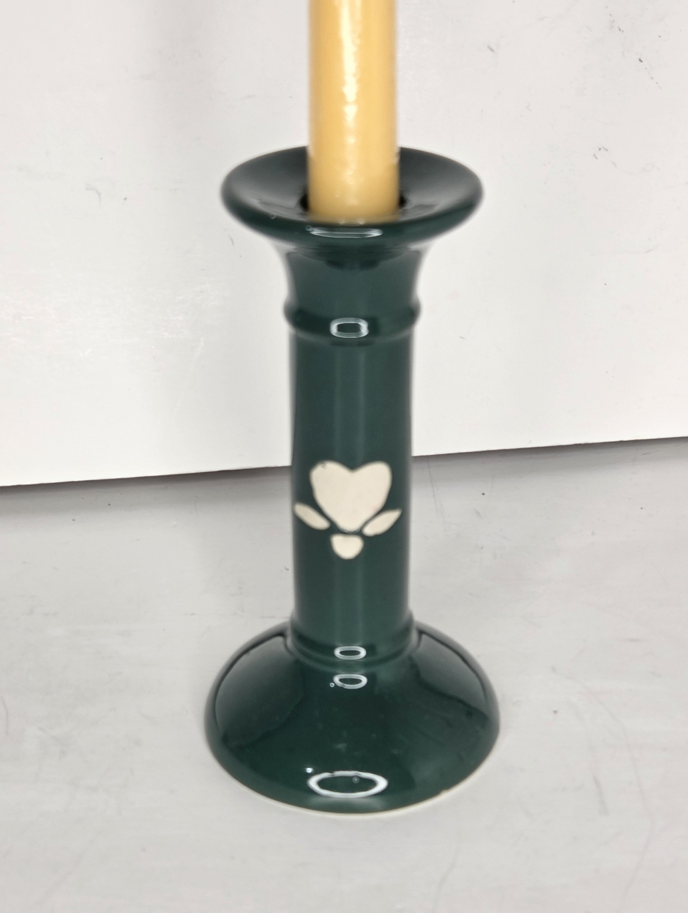 Vintage Hermitage Pottery Green Stoneware Candlestick With Heart Design